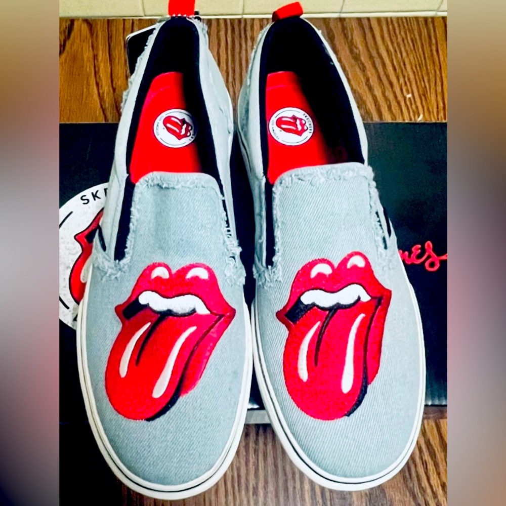 Skechers x The Rolling Stones Marley-Start Me Up Denim Women Slip On Sz 7.5 Rare